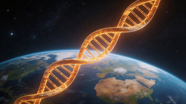 DNA helix over Earth in space ideal for travel vlogs and eco-friendly campaigns
