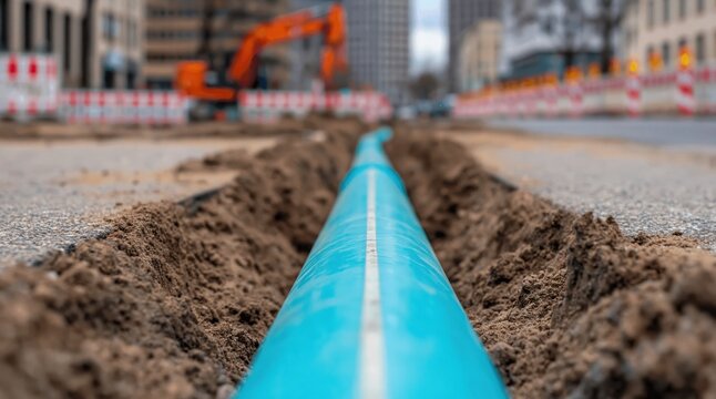Pipe installation for water utility in city construction trench with excavation and engineering