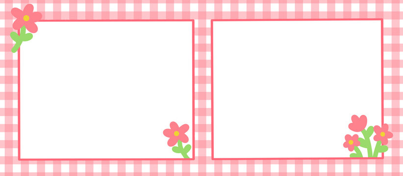Cute pink gingham pattern photo frame template with double slots and flowers