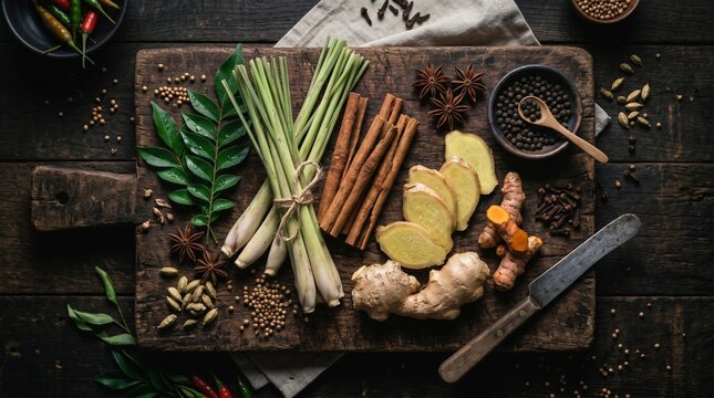 A moody high-angle flat lay photography of fresh tropical spices, lemongrass, cinnamon sticks, and sliced ginger on a rustic dark wooden cutting board. Dark and atmospheric lighting, rich textures