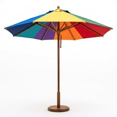 Obraz premium Five folded, colorful patio umbrellas with wooden stands lined up against a white background, displaying various vibrant canopy colors.