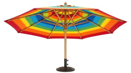 Obraz premium Five folded, colorful patio umbrellas with wooden stands lined up against a white background, displaying various vibrant canopy colors.