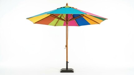 Obraz premium Five folded, colorful patio umbrellas with wooden stands lined up against a white background, displaying various vibrant canopy colors.