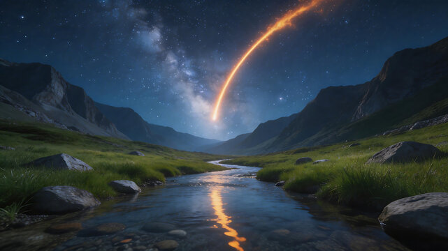 Mountain stream under starry sky with comet symbolizing exploration and the great outdoors