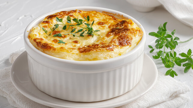 Golden baked casserole with fresh herbs on white plate