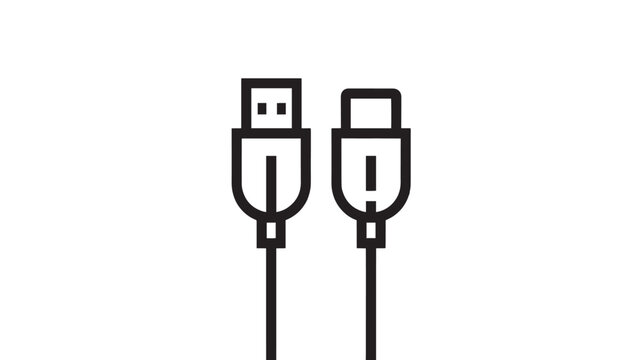 Minimalist USB cable vector icon, black line art of type-A and type-C connectors, universal charging and data transfer wire illustration