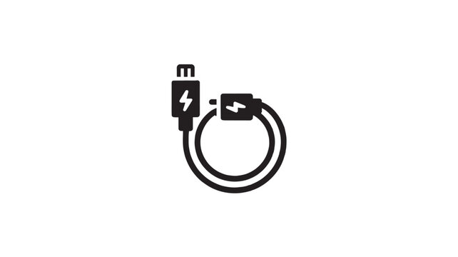 USB charging cable icon, black minimalist power cord vector, fast charge data transfer wire symbol for mobile devices and electronics