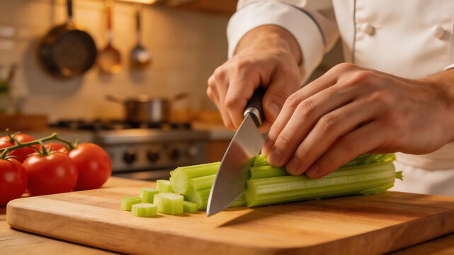 Chef cutting celery in kitchen ideal for restaurant branding and gastronomy vlogs