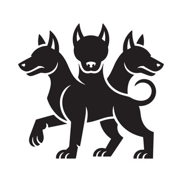 Three headed dog silhouette black graphic design on a white background