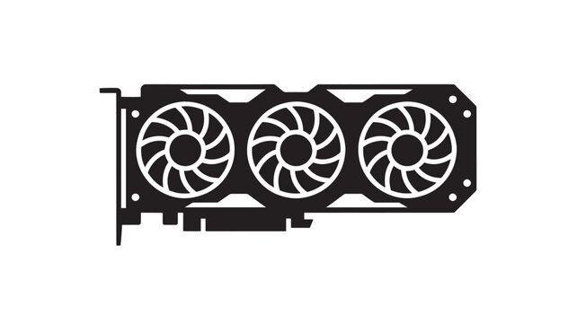 Graphics card vector icon, black silhouette of powerful GPU with triple cooling fans, computer hardware component for gaming and crypto mining