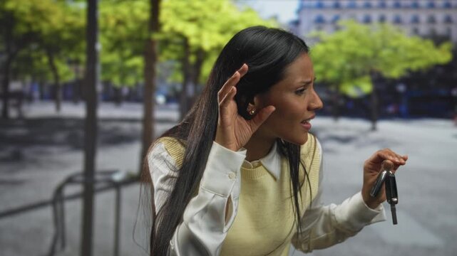 Woman cups ear and holds car keys on a street plaza while leaning toward a distant sound; concern listening.