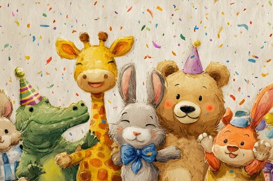 Oil painting watercolor on paper, colorful forest animals jiraffe cocodrile bear rabbit and octupus celebrating in a party with confeti, beige background