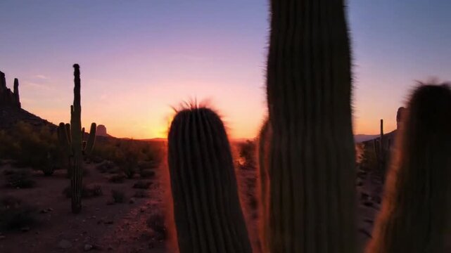 Vibrant Desert Sunset with Saguaro Cacti Silhouettes in Arizona