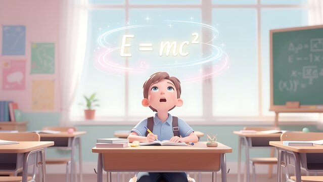 Kid student sitting at desk in classroom looking at physics formula floating above head. Education concept with boy dreaming about science. Inspirational illustration of innovative learning.