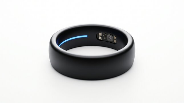 Smart ring wearable health tracker device in black matte color with visible internal sensors and blue led light standing on plain white background future technology mockup