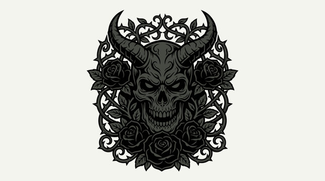 Dark Skull with Horns and Roses Gothic Illustration.