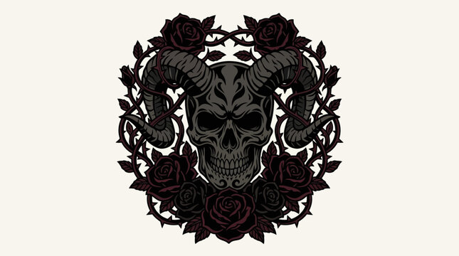 Dark Skull with Horns and Roses Illustration.