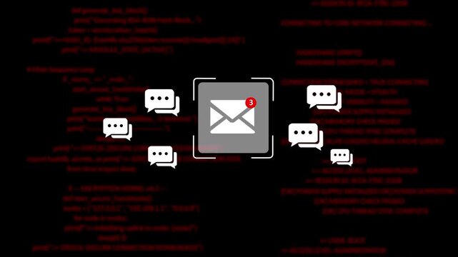 Envelope icon in black screen. Message file, incoming notification, email notification symbol, envelope line, new email inbox notification animation. 4K Digital Inbox Notification Motion Video&rsquo;&rsquo;