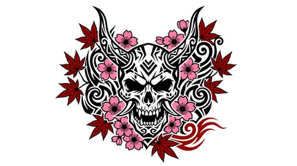 Obraz premium Intricate Japanese Oni Skull with Cherry Blossoms and Maple Leaves.
