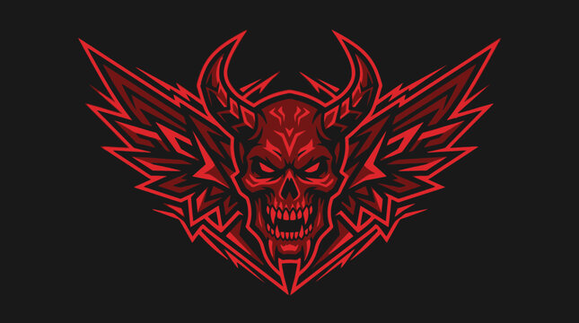 Red Horned Skull with Wings Graphic Design.