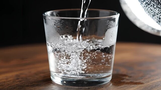 Clear Water Poured Into Glass Creating Bubbles and Splashes.