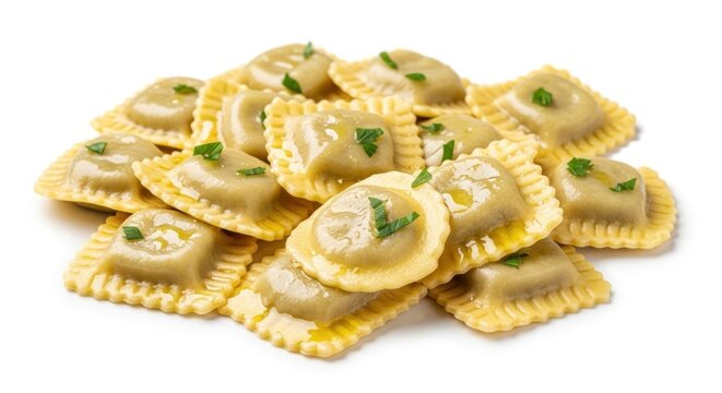 A pile of square-shaped, stuffed pasta pieces with crimped edges and green herbs on top