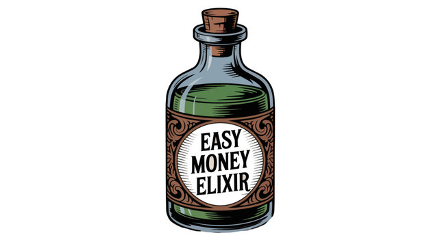 Vintage magic potion bottle illustration with &ldquo;Easy Money Elixir&rdquo; label, green liquid, retro engraving style, transparent background