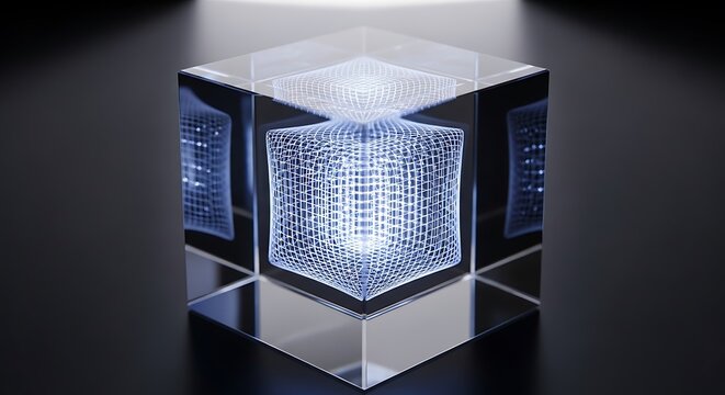 Glowing cube with grid pattern interior.