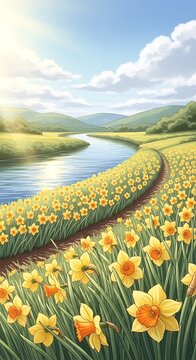 Daffodils by River with Spring.