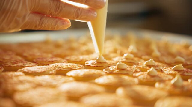 Close-up of gloved hand piping creamy custard filling onto rows of golden brown poffertjes mini pancakes. Warm bakery lighting highlights the delicate pastry work in progress.