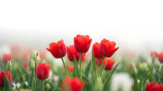 Elegant spring tulip flower background featuring vibrant red tulips emerging from soft bokeh foreground