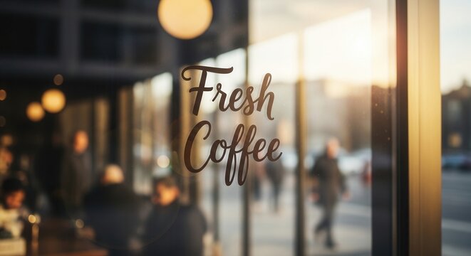 Fresh Coffee sign on a cafe window at sunset.