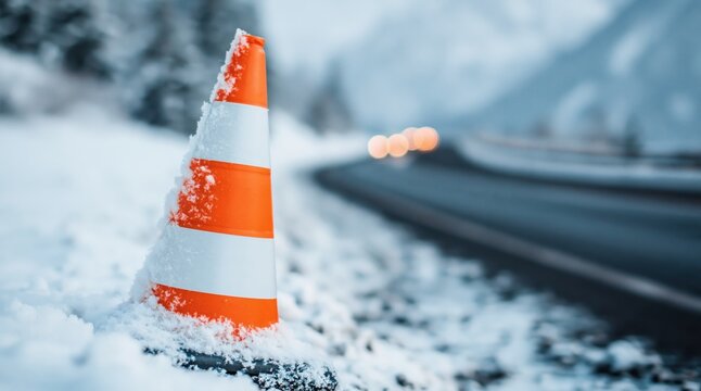 Cone on snowy winter road, orange traffic safety warning in cold weather