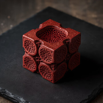 Avant-garde geometric dessert with velvet red cocoa finish