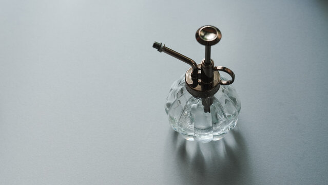 Vintage Glass Plant Mister with Brass Pump Sprayer on Gray Background