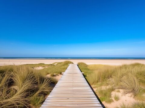 Wooden path leading to a vast sandy beach on the island of F&ouml;hr in the North Sea, summer, || seaside