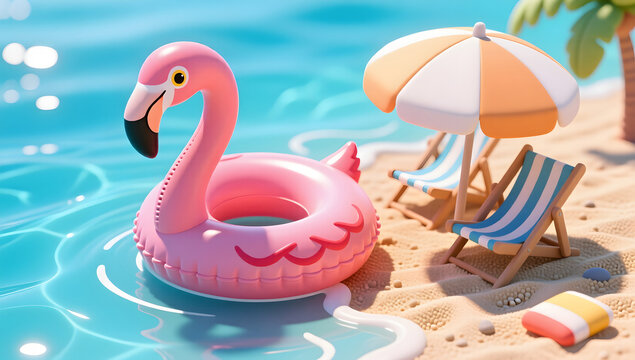 Summer vacation beach resort flamingo floatie travel illustration