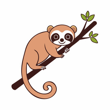 Cute cartoon slow loris climbing on a tree branch