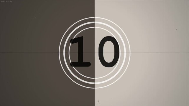 Vintage Film Countdown Leader with Defocused Look, Retro Cinema Aesthetic, Grainy Scratches, Nostalgic Movie Start Animation, Flicker Effect, Cinematic Number Sequence 4k video
