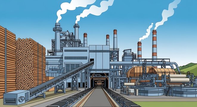 Wood factory with smoke.