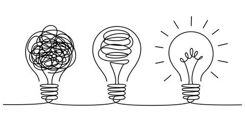 Conceptual illustration of idea generation process from chaos to clarity with light bulbs © Alo 2026 Arts