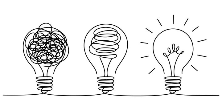 Conceptual illustration of idea generation process from chaos to clarity with light bulbs