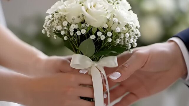 Close up of a bride holding a white wedding bouquet and groom joining hands.