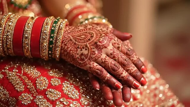 Close-up of a Brides Hands Adorned with Henna and Bangles.