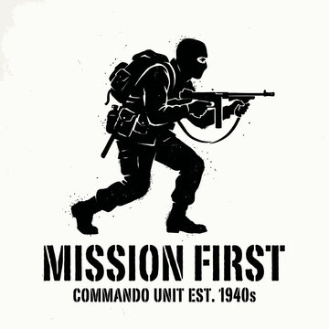 Mission first commando unit soldier silhouette vector illustration