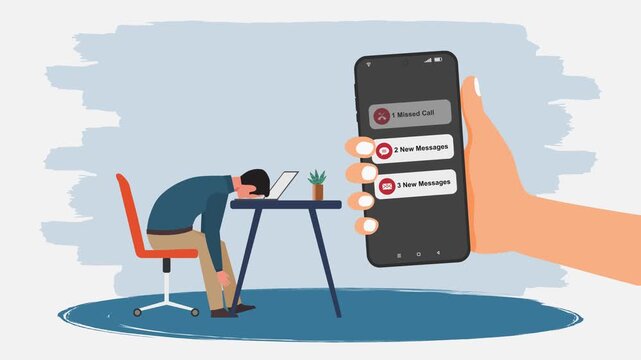 Hand holding a smartphone with missed call and new message notification on screen. A worker who fell asleep at his desk. Burnout or frustrated worker concept.