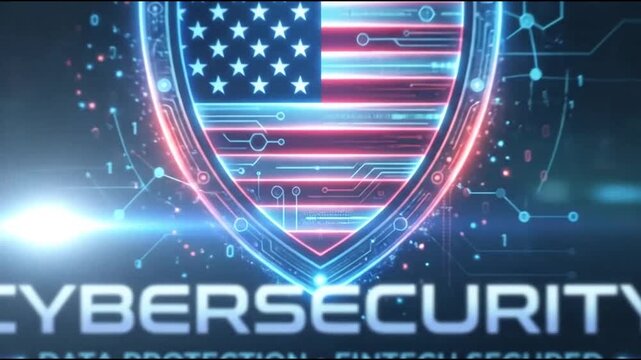 American flag shield symbol featuring binary code motion graphics representing digital security and national data protection in this technology video
