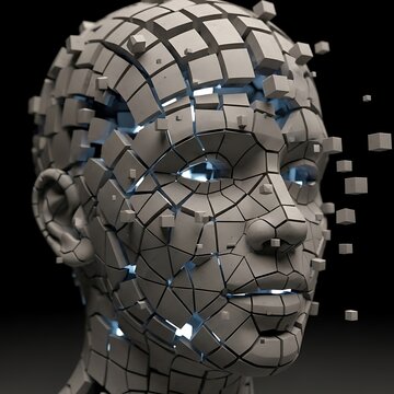 Disintegrating robotic human head closeup.