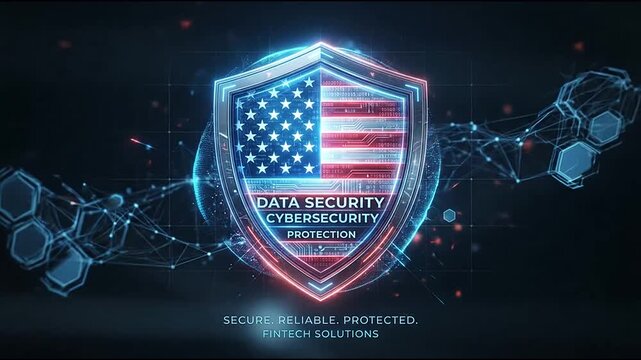 Glowing digital shield featuring american flag design protects sensitive data in this high quality motion animation for cybersecurity business clips