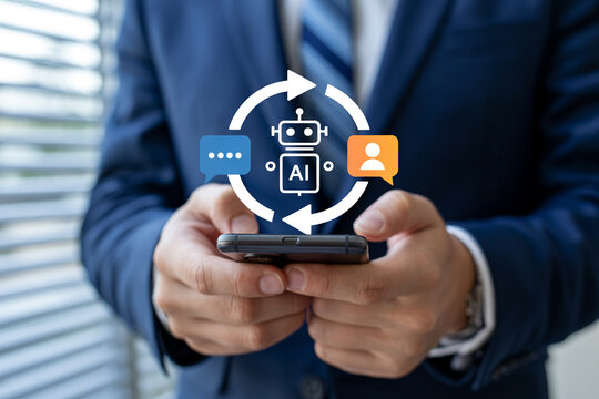 Businessman using mobile phone with artificial intelligence chatbot interface for communication.